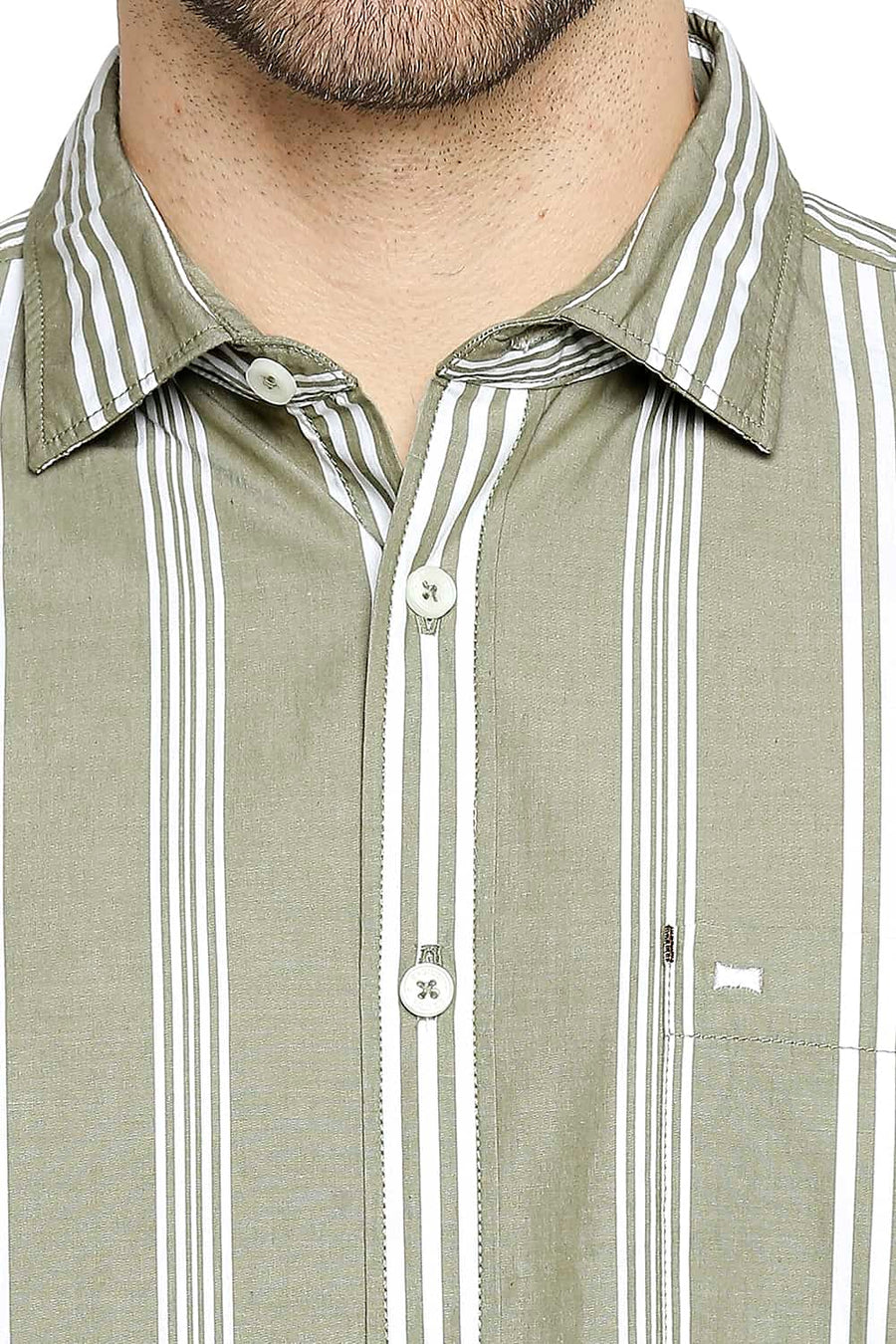 BASICS SLIM FIT ELM GREEN STRIPE SHIRT