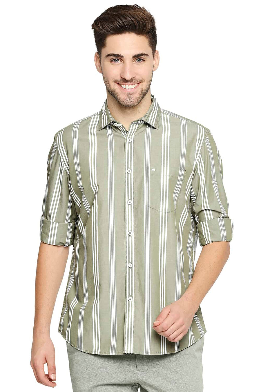 BASICS SLIM FIT ELM GREEN STRIPE SHIRT