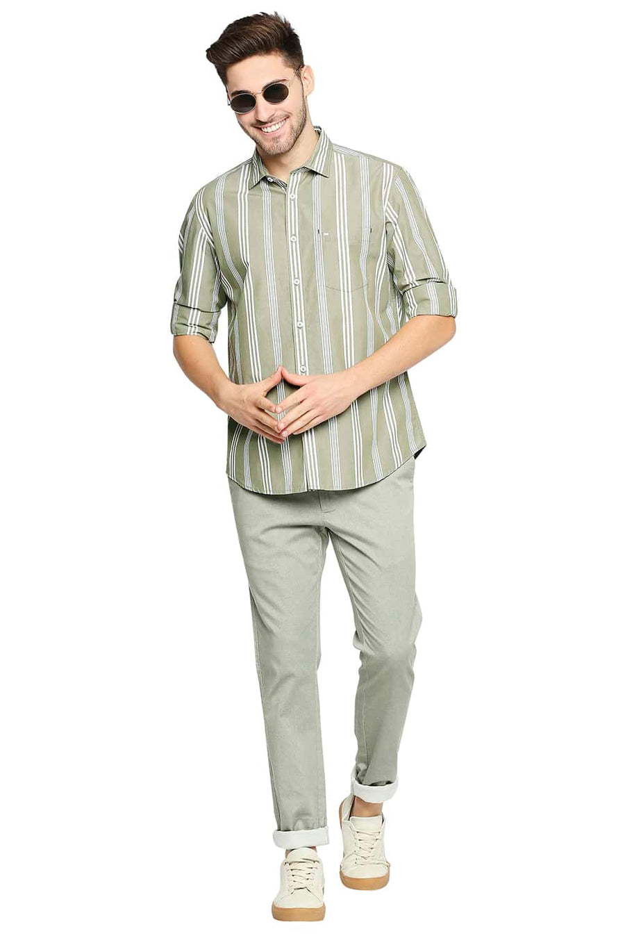 BASICS SLIM FIT ELM GREEN STRIPE SHIRT