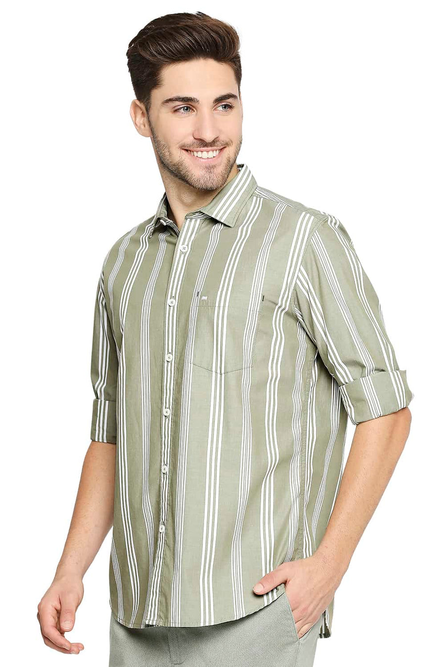 BASICS SLIM FIT ELM GREEN STRIPE SHIRT