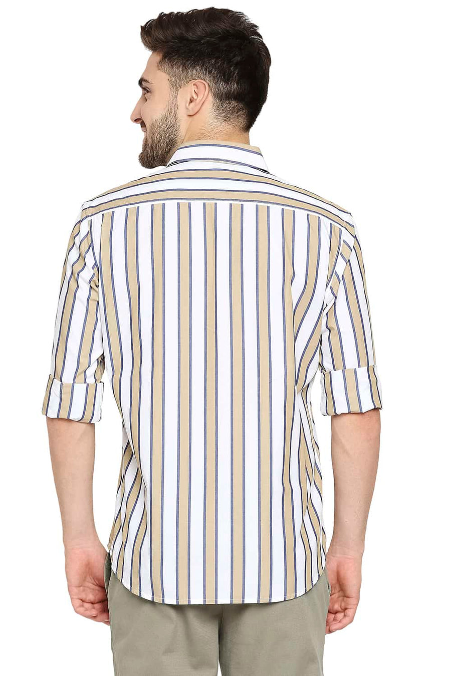 BASICS SLIM FIT WHEAT KHAKI STRIPE SHIRT