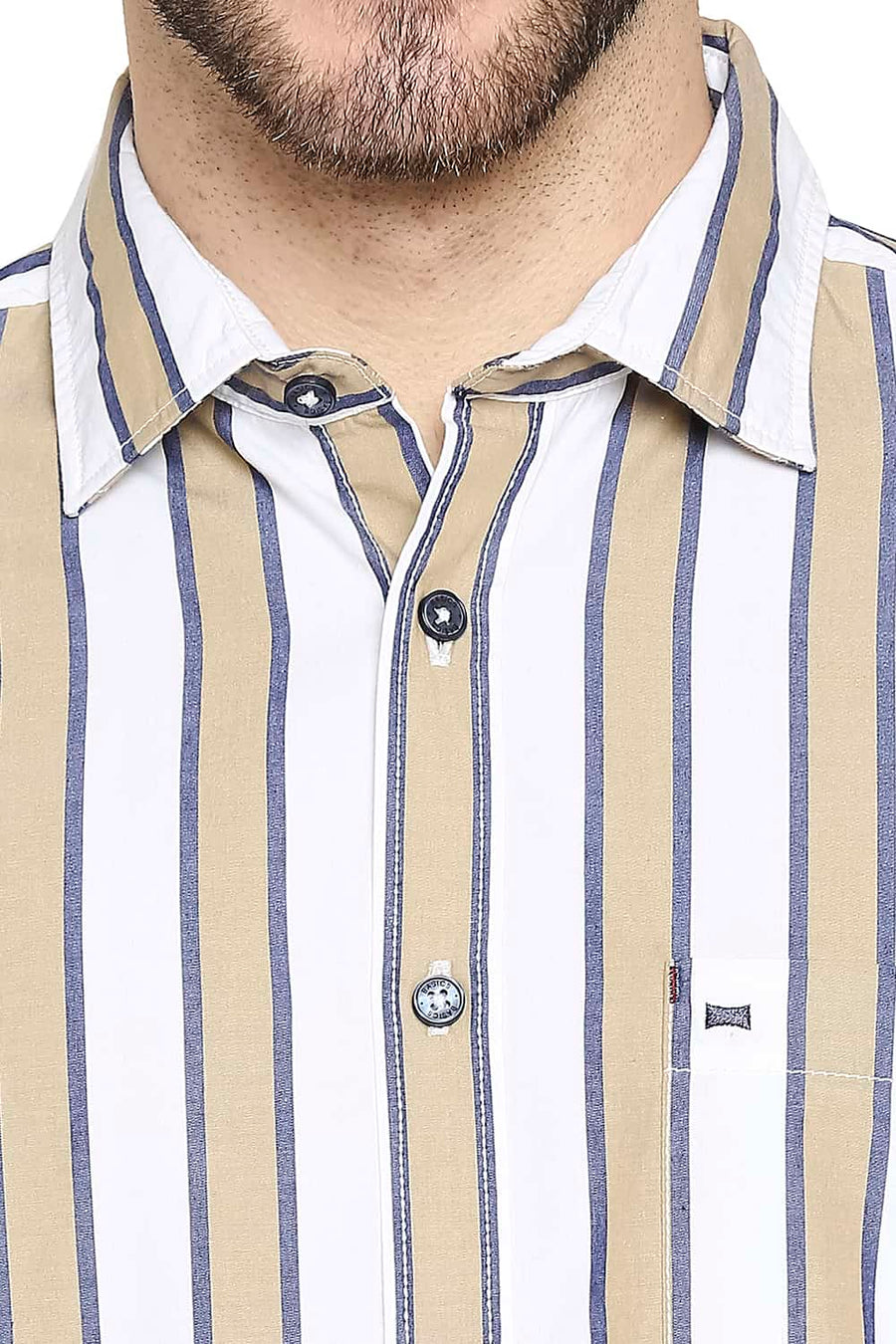 BASICS SLIM FIT WHEAT KHAKI STRIPE SHIRT