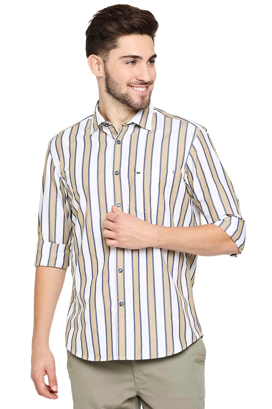 BASICS SLIM FIT WHEAT KHAKI STRIPE SHIRT