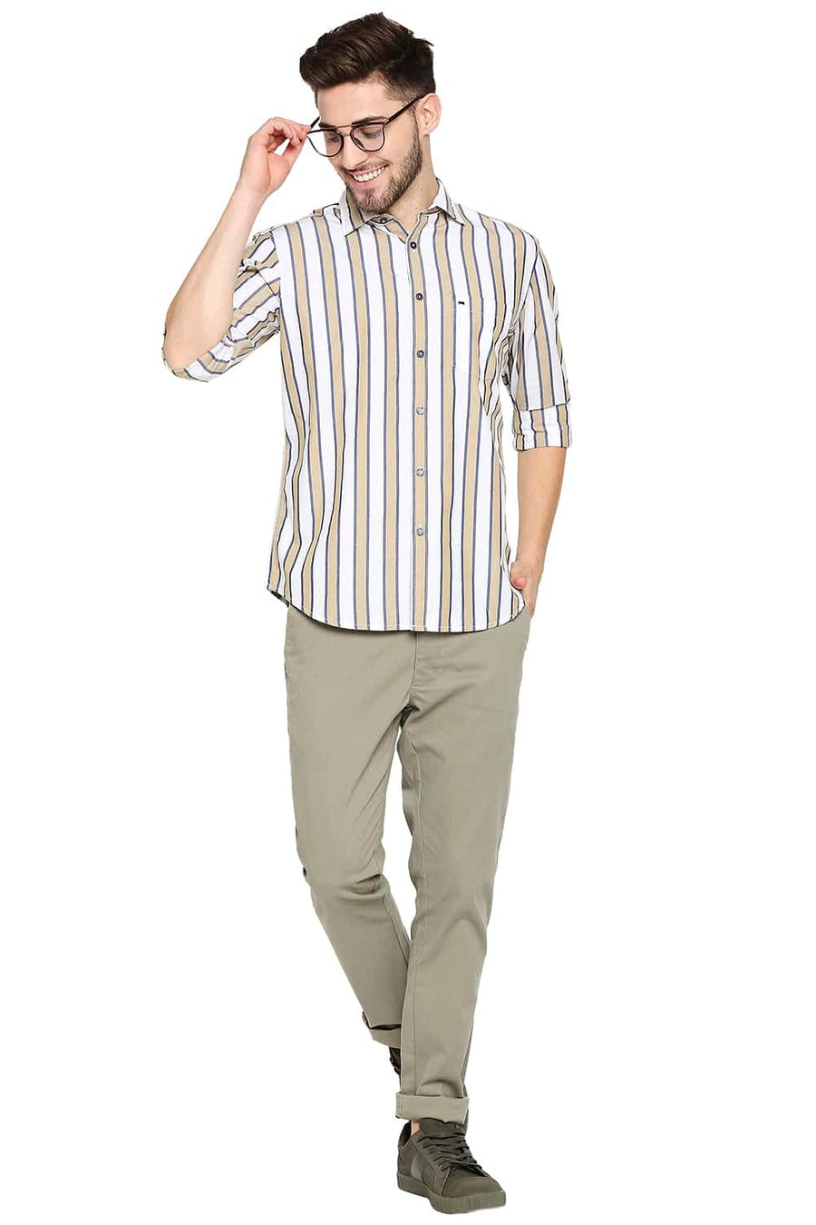 BASICS SLIM FIT WHEAT KHAKI STRIPE SHIRT