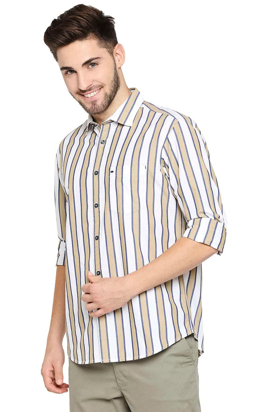 BASICS SLIM FIT WHEAT KHAKI STRIPE SHIRT