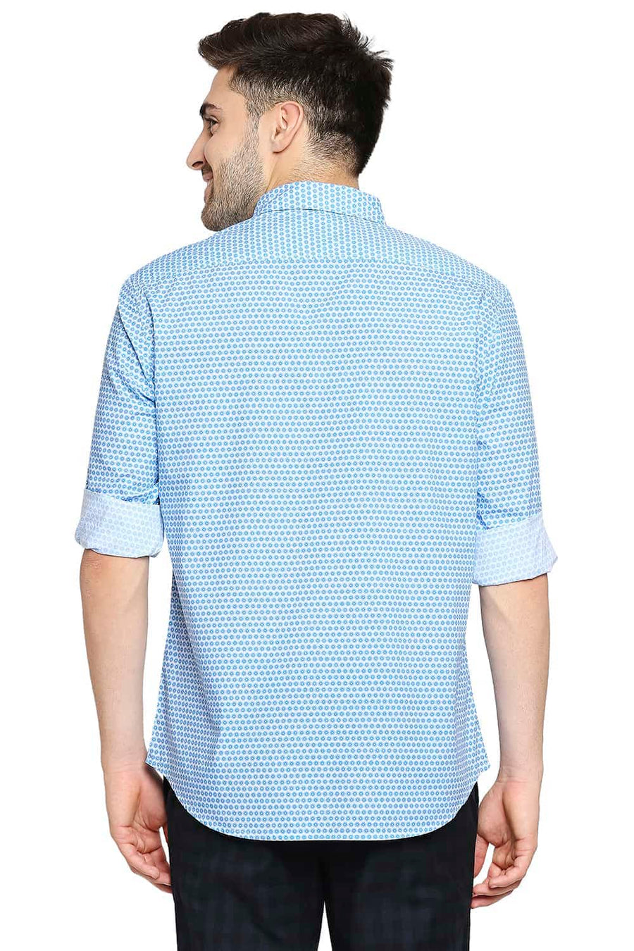 BASICS SLIM FIT AZURE BLUE PRINTED SHIRT