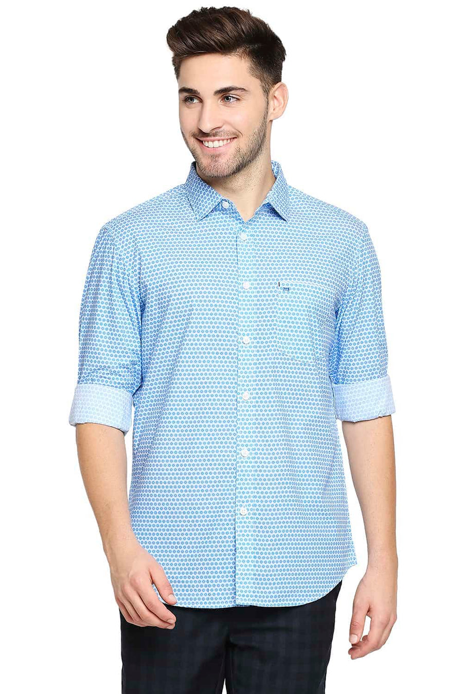 BASICS SLIM FIT AZURE BLUE PRINTED SHIRT