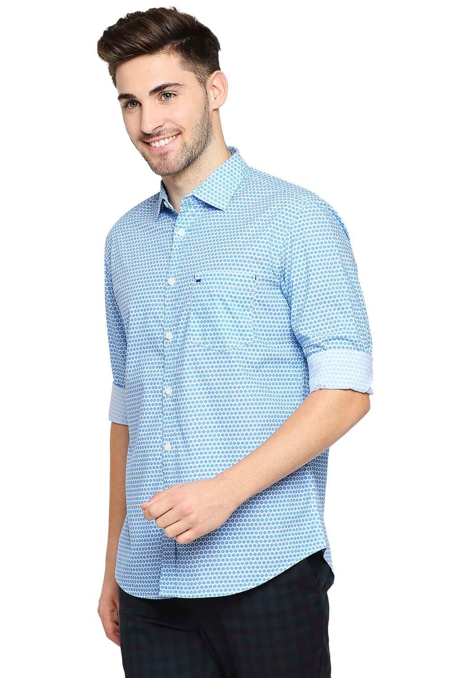 BASICS SLIM FIT AZURE BLUE PRINTED SHIRT