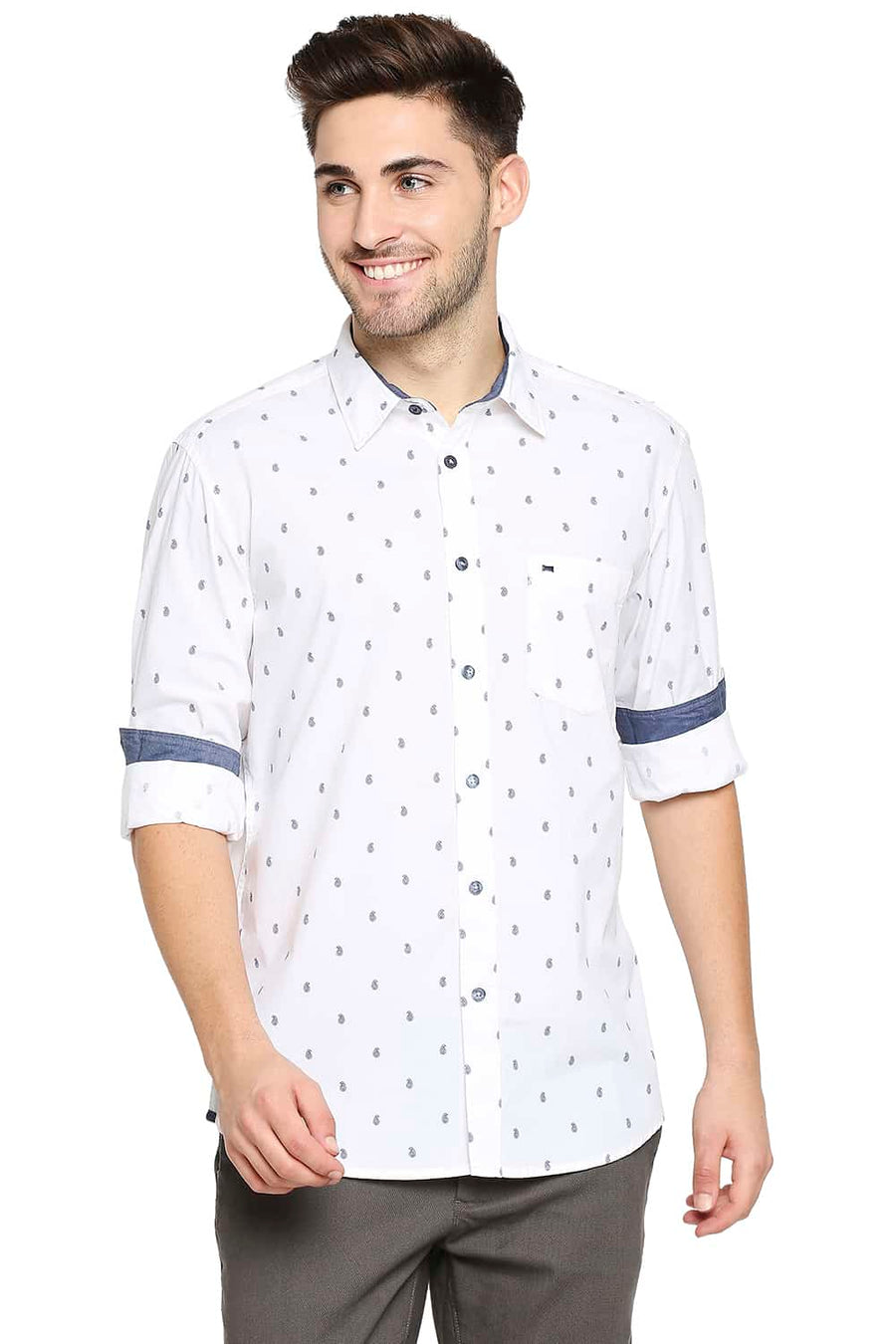 BASICS SLIM FIT BRILLIANT WHITE PRINTED SHIRT