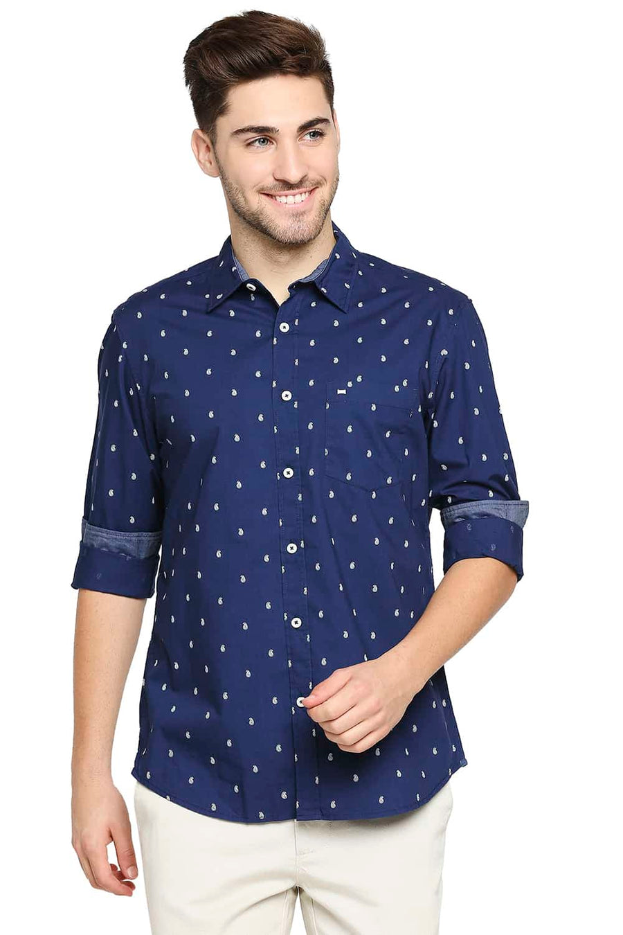 BASICS SLIM FIT MOONLIT NAVY PRINTED SHIRT