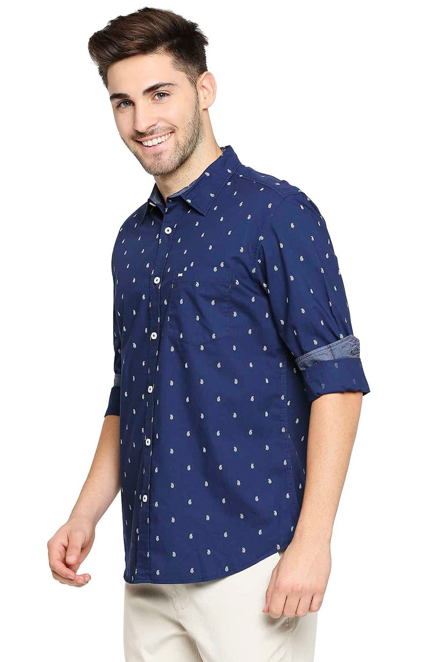 BASICS SLIM FIT MOONLIT NAVY PRINTED SHIRT