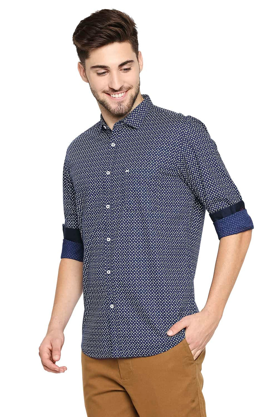 BASICS SLIM FIT ESTATE NAVY PRINTED SHIRT