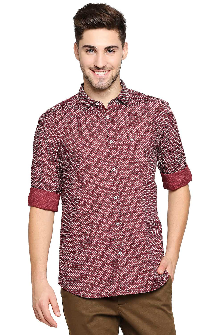 BASICS SLIM FIT WINDSOR MAROON PRINTED SHIRT
