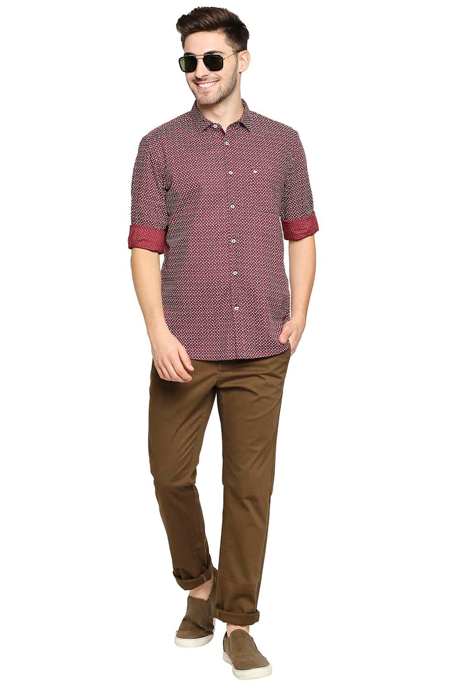 BASICS SLIM FIT WINDSOR MAROON PRINTED SHIRT