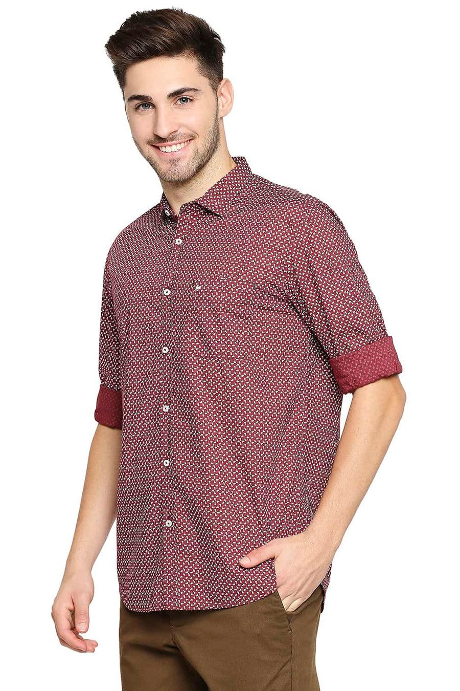 BASICS SLIM FIT WINDSOR MAROON PRINTED SHIRT