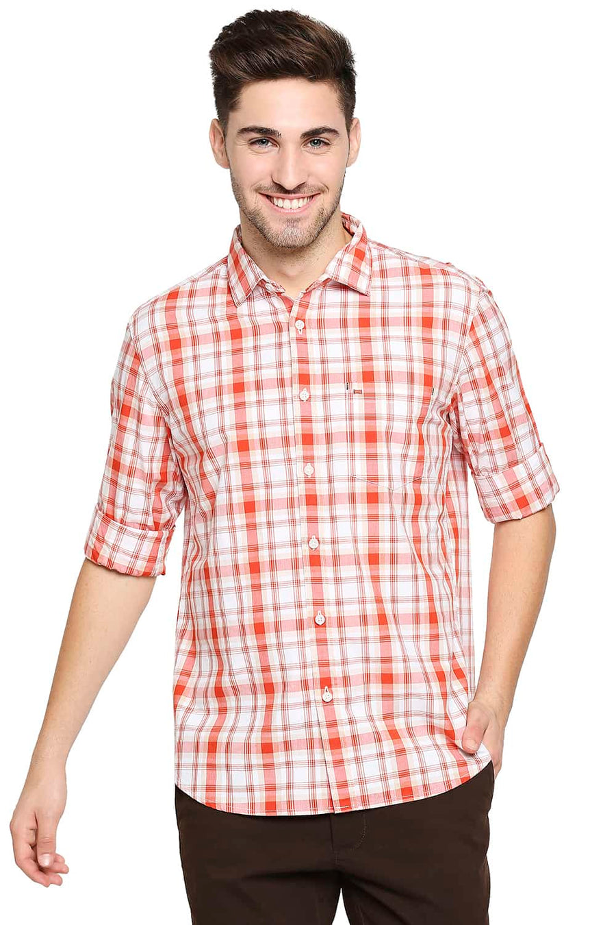 BASICS SLIM FIT PUFFINS ORANGE CHECKS SHIRT