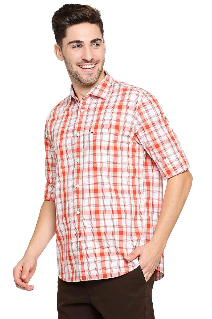 BASICS SLIM FIT PUFFINS ORANGE CHECKS SHIRT
