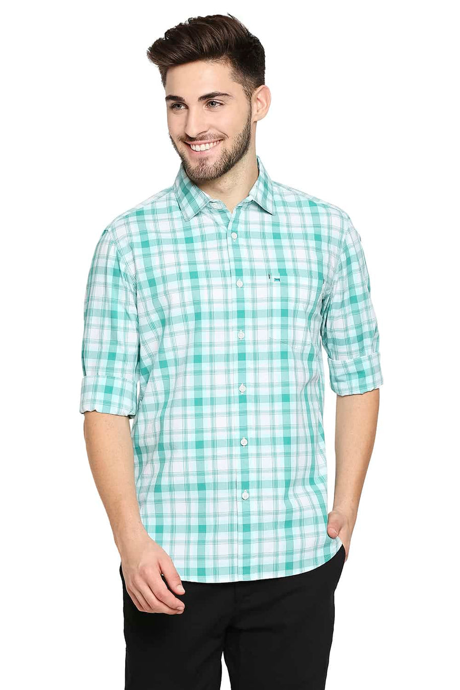 BASICS SLIM FIT ARCADIA GREEN CHECKS SHIRT