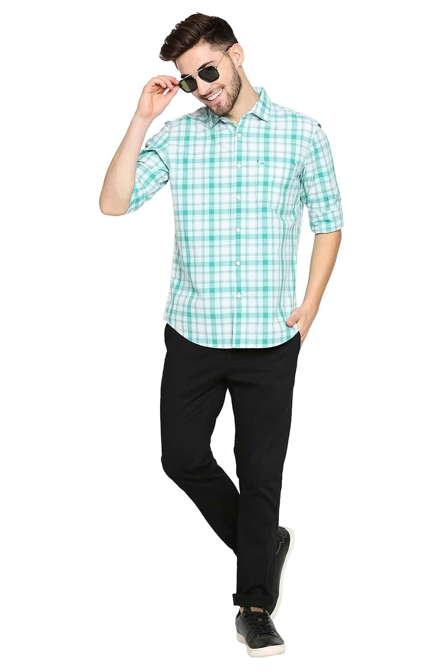 BASICS SLIM FIT ARCADIA GREEN CHECKS SHIRT