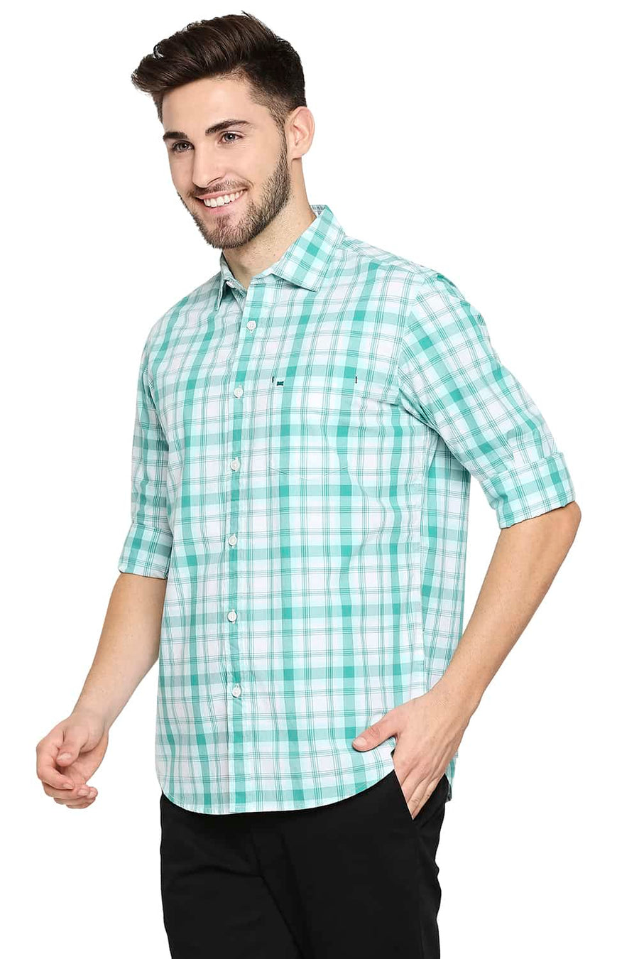 BASICS SLIM FIT ARCADIA GREEN CHECKS SHIRT