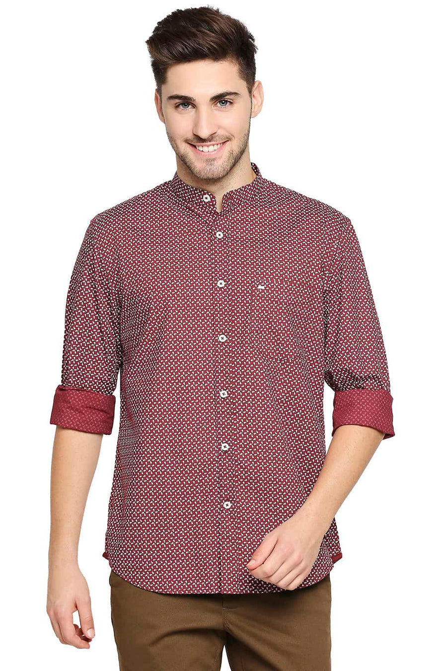 BASICS SLIM FIT WINDSOR MAROON PRINTED SHIRT