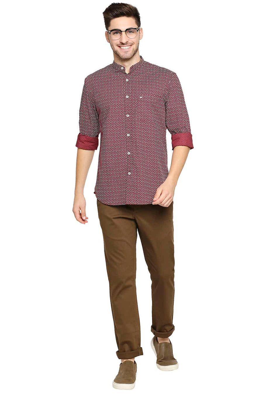 BASICS SLIM FIT WINDSOR MAROON PRINTED SHIRT