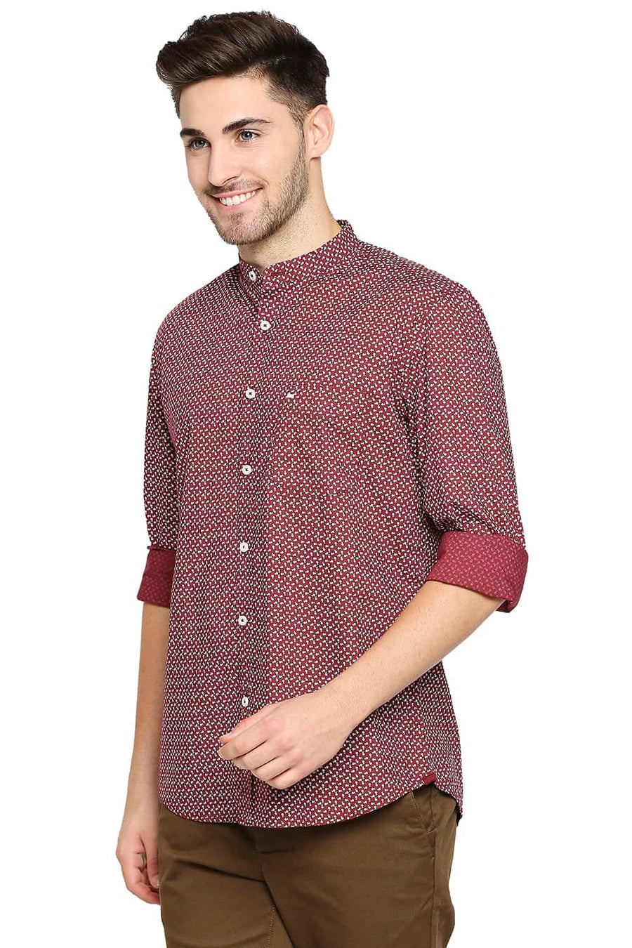 BASICS SLIM FIT WINDSOR MAROON PRINTED SHIRT