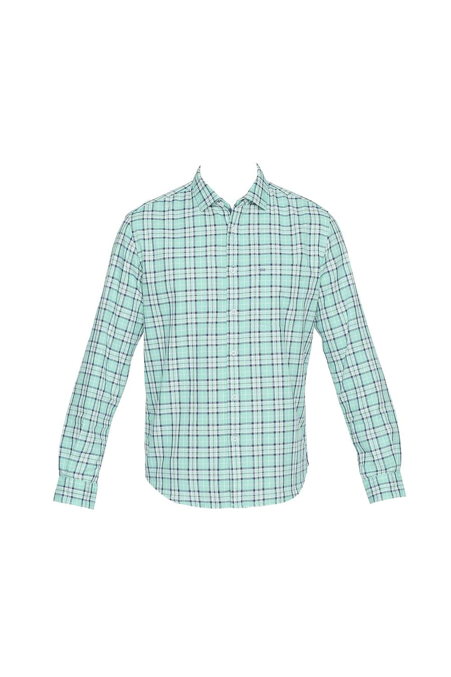 BASICS SLIM FIT OPAL GREEN TWILL CHECKS SHIRT