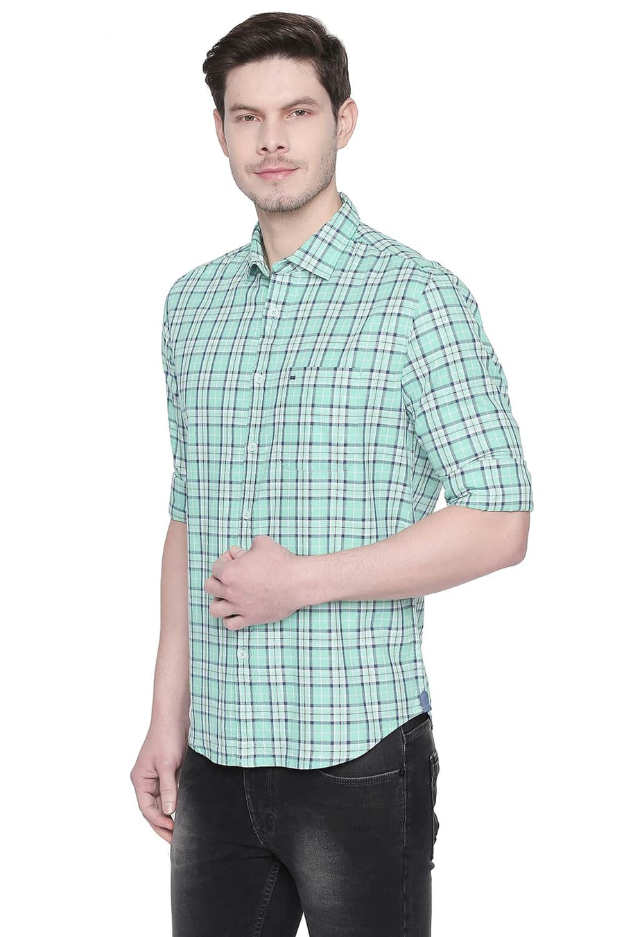 BASICS SLIM FIT OPAL GREEN TWILL CHECKS SHIRT