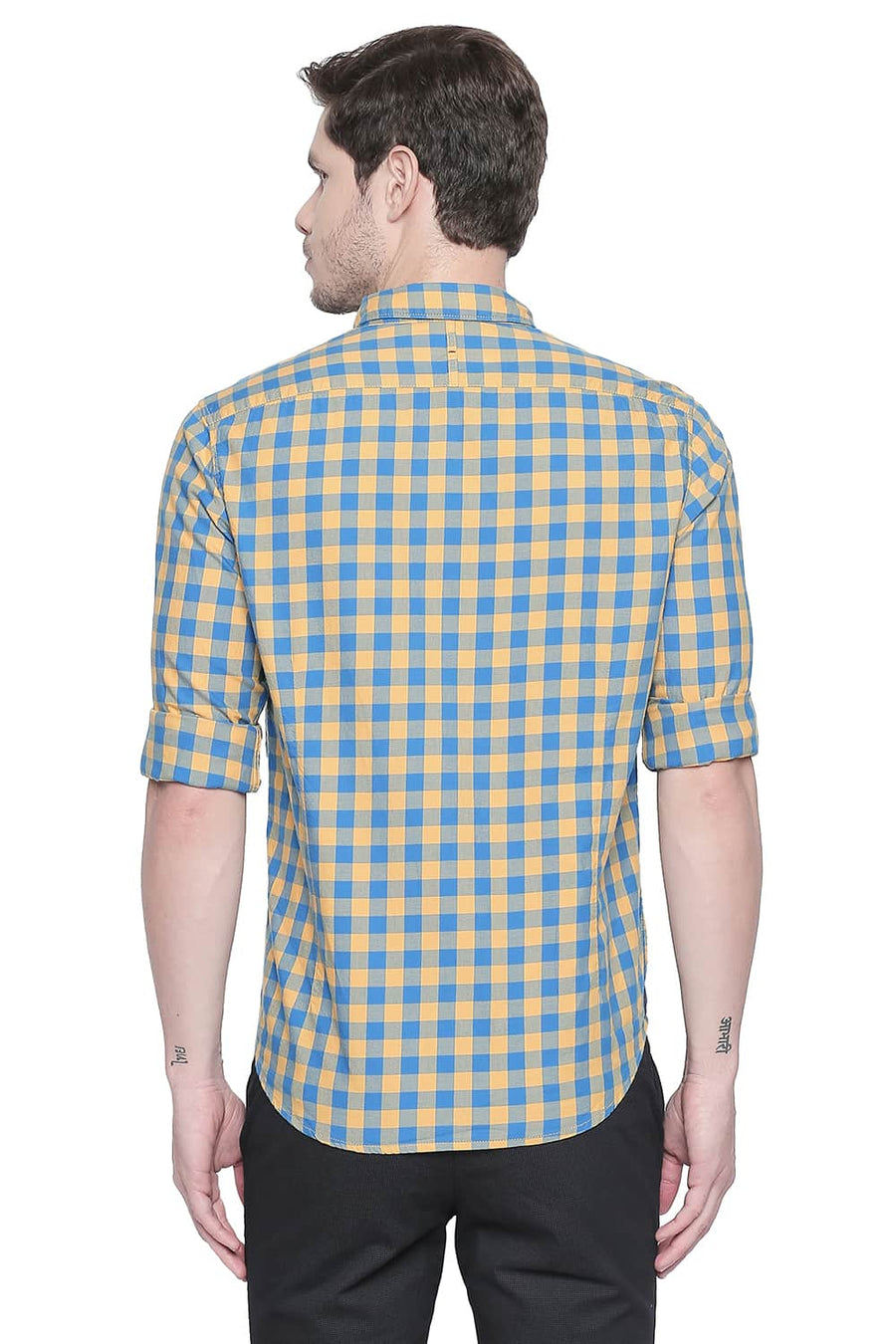 BASICS SLIM FIT BEESWAX YELLOW TWILL CHECKS SHIRT