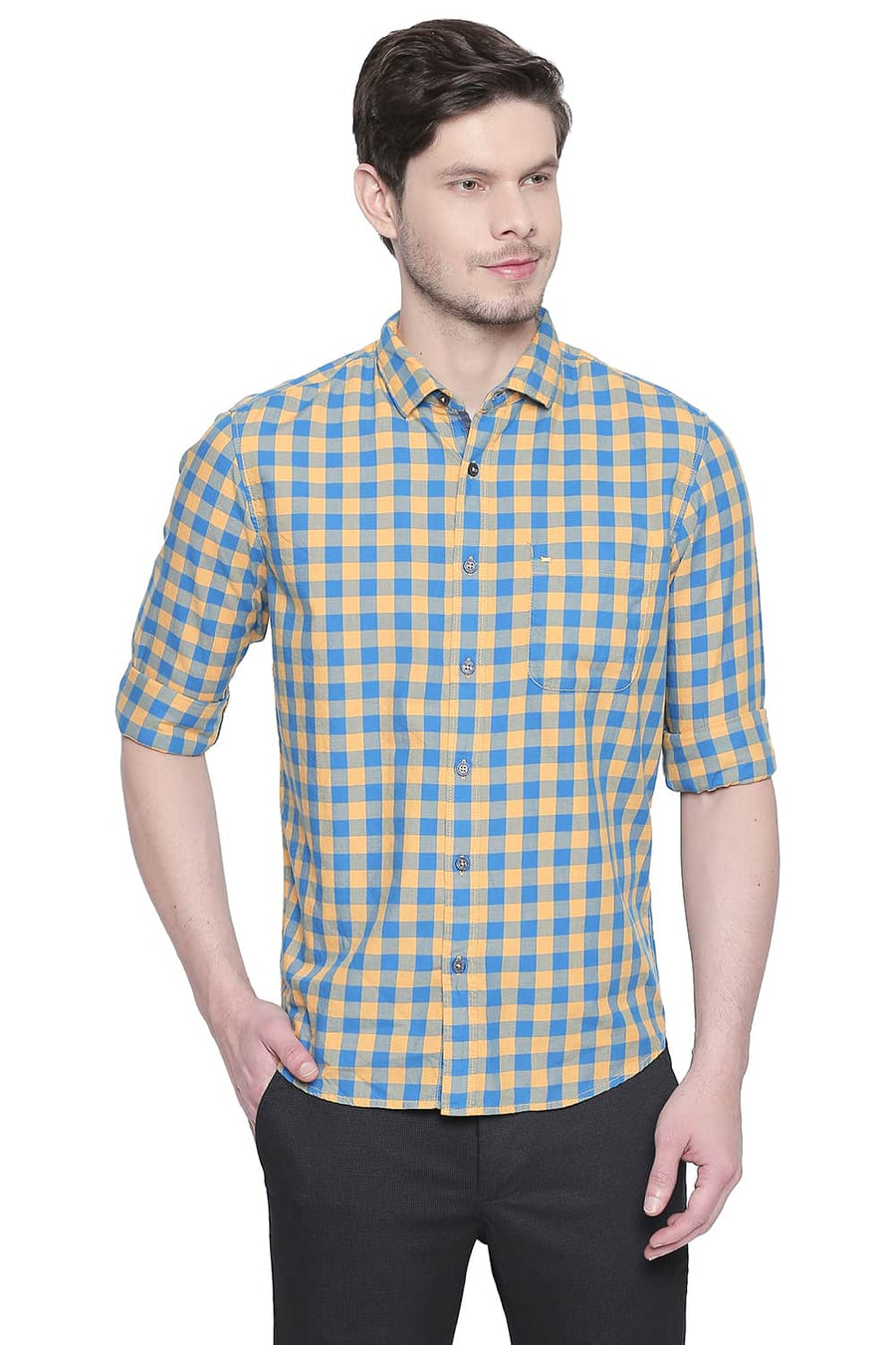 BASICS SLIM FIT BEESWAX YELLOW TWILL CHECKS SHIRT