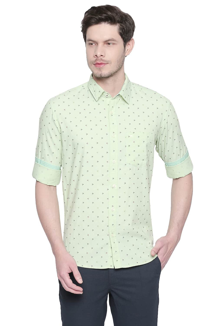 BASICS SLIM FIT OPALINE GREEN OXFORD PRINTED SHIRT
