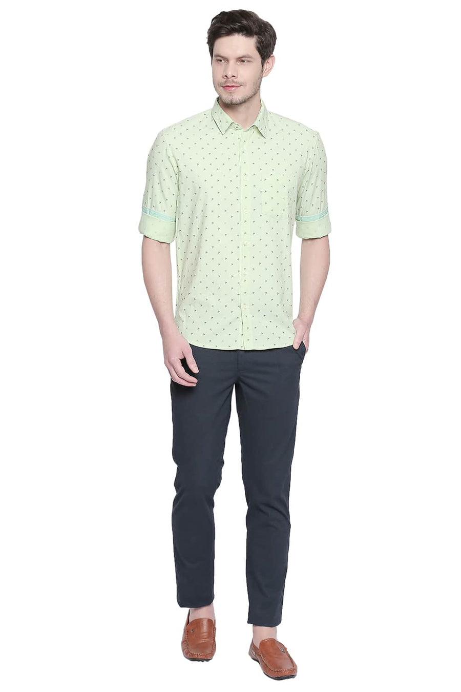 BASICS SLIM FIT OPALINE GREEN OXFORD PRINTED SHIRT