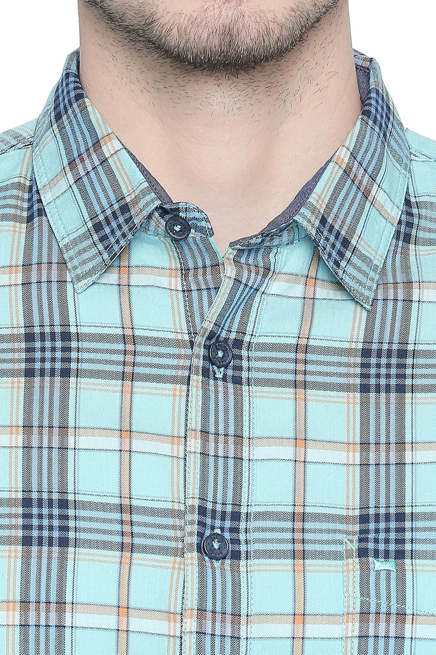 BASICS SLIM FIT AQUA SKY TWILL CHECKS SHIRT