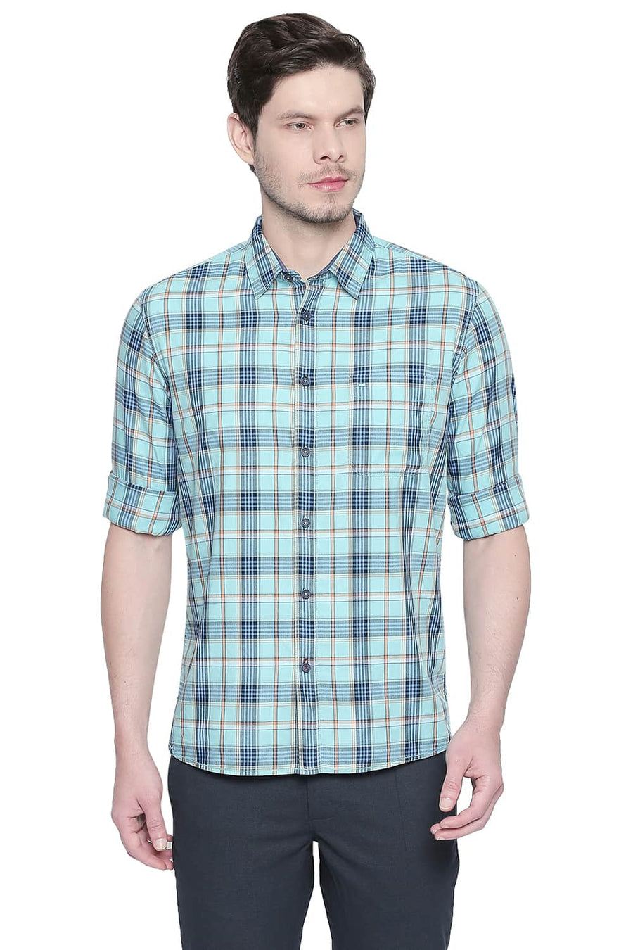 BASICS SLIM FIT AQUA SKY TWILL CHECKS SHIRT