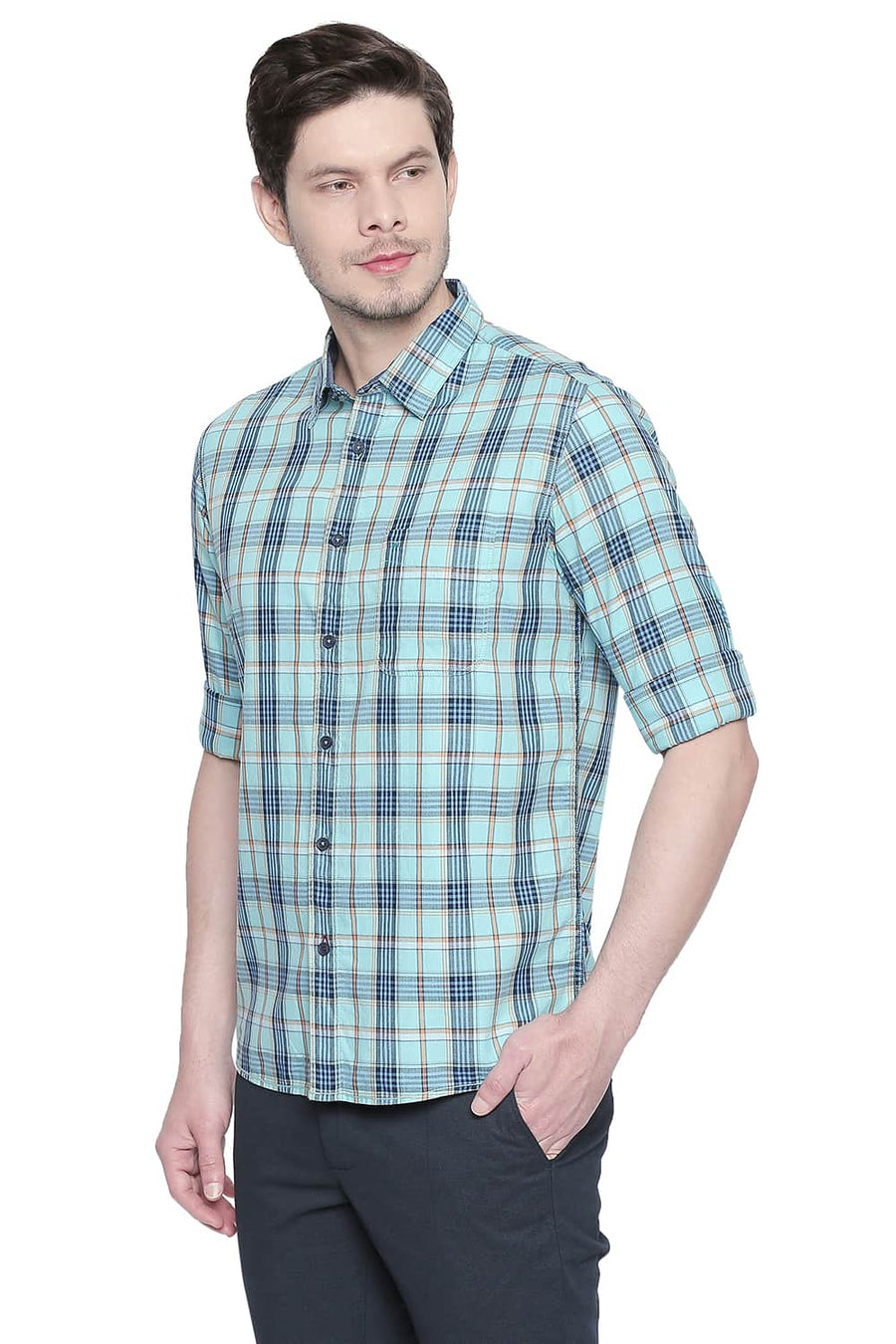 BASICS SLIM FIT AQUA SKY TWILL CHECKS SHIRT