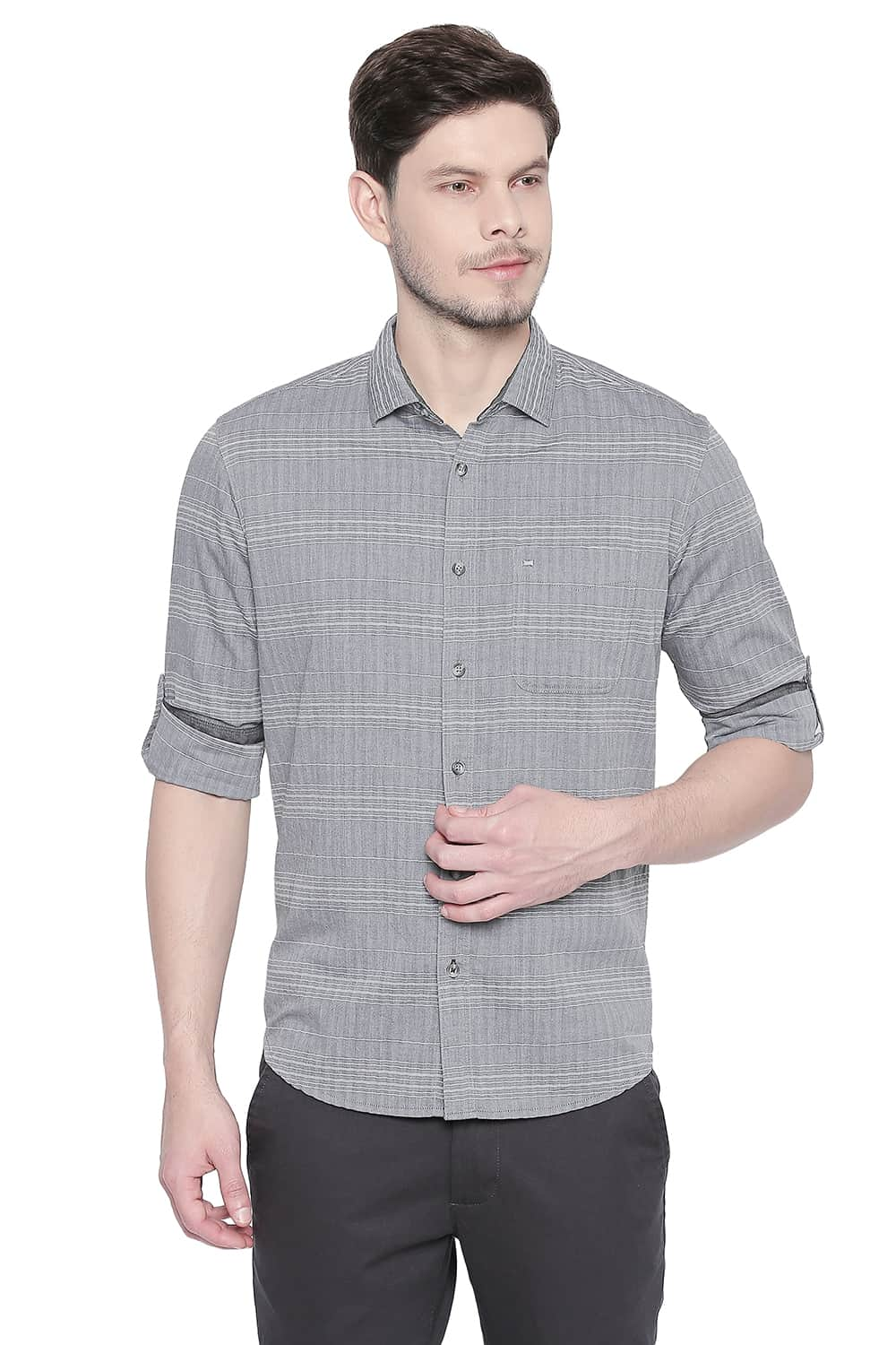 BASICS SLIM FIT WEFT STRIPES SHIRT