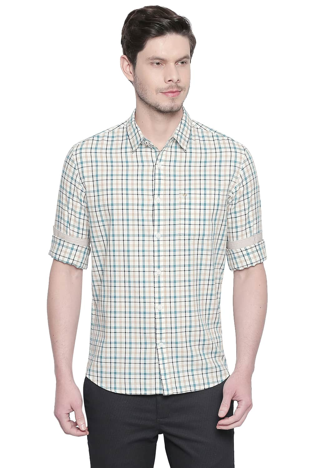 BASICS SLIM FIT DOBBY CHECKS SHIRT