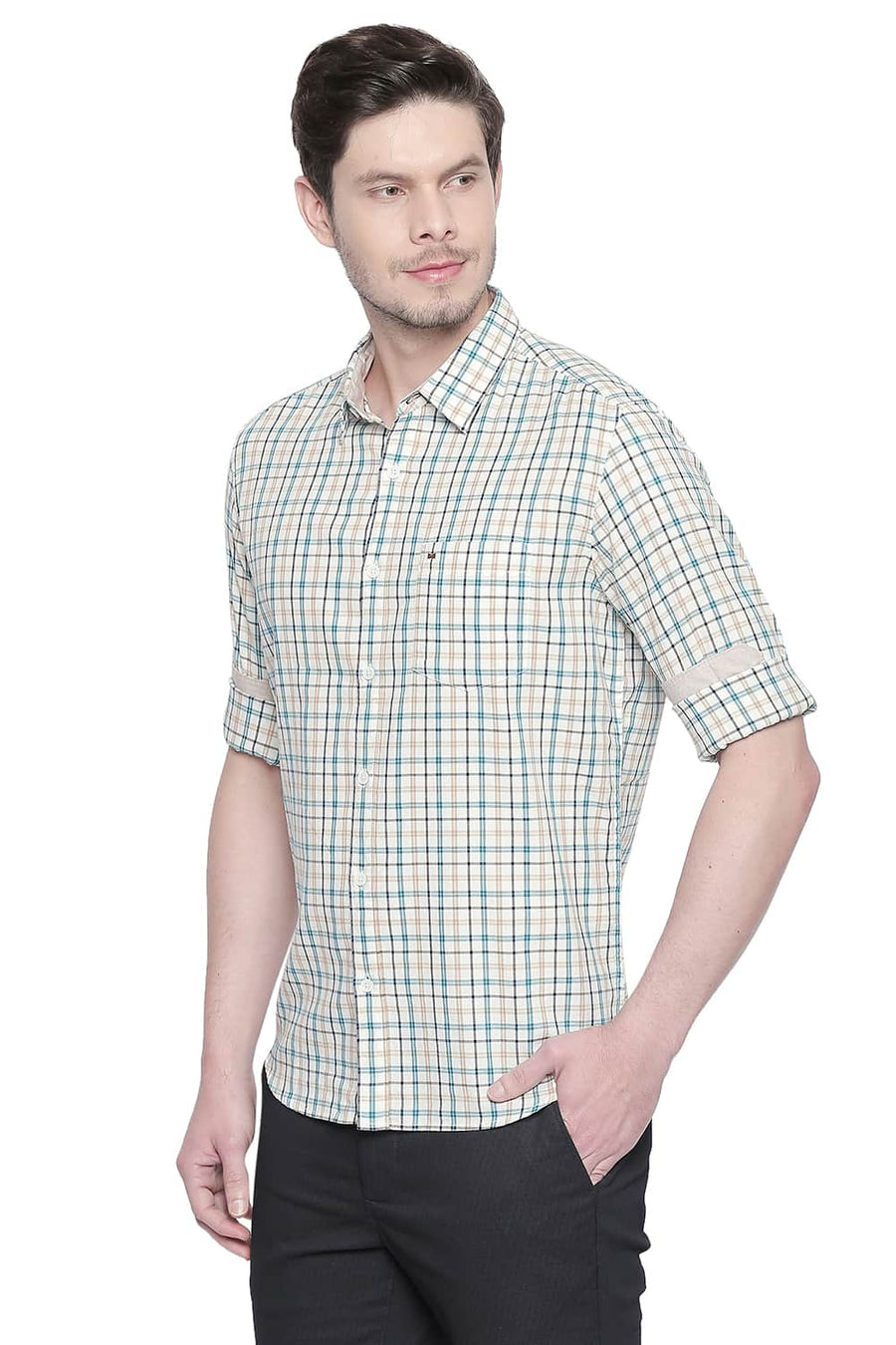 BASICS SLIM FIT SHADED GREEN DOBBY CHECKS SHIRT