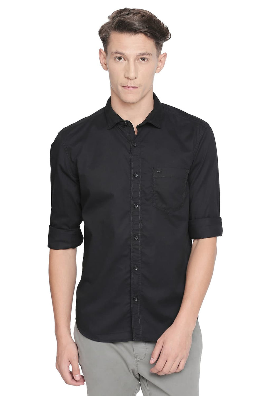 BASICS SLIM FIT DEEP BLACK PEACH TWILL SHIRT