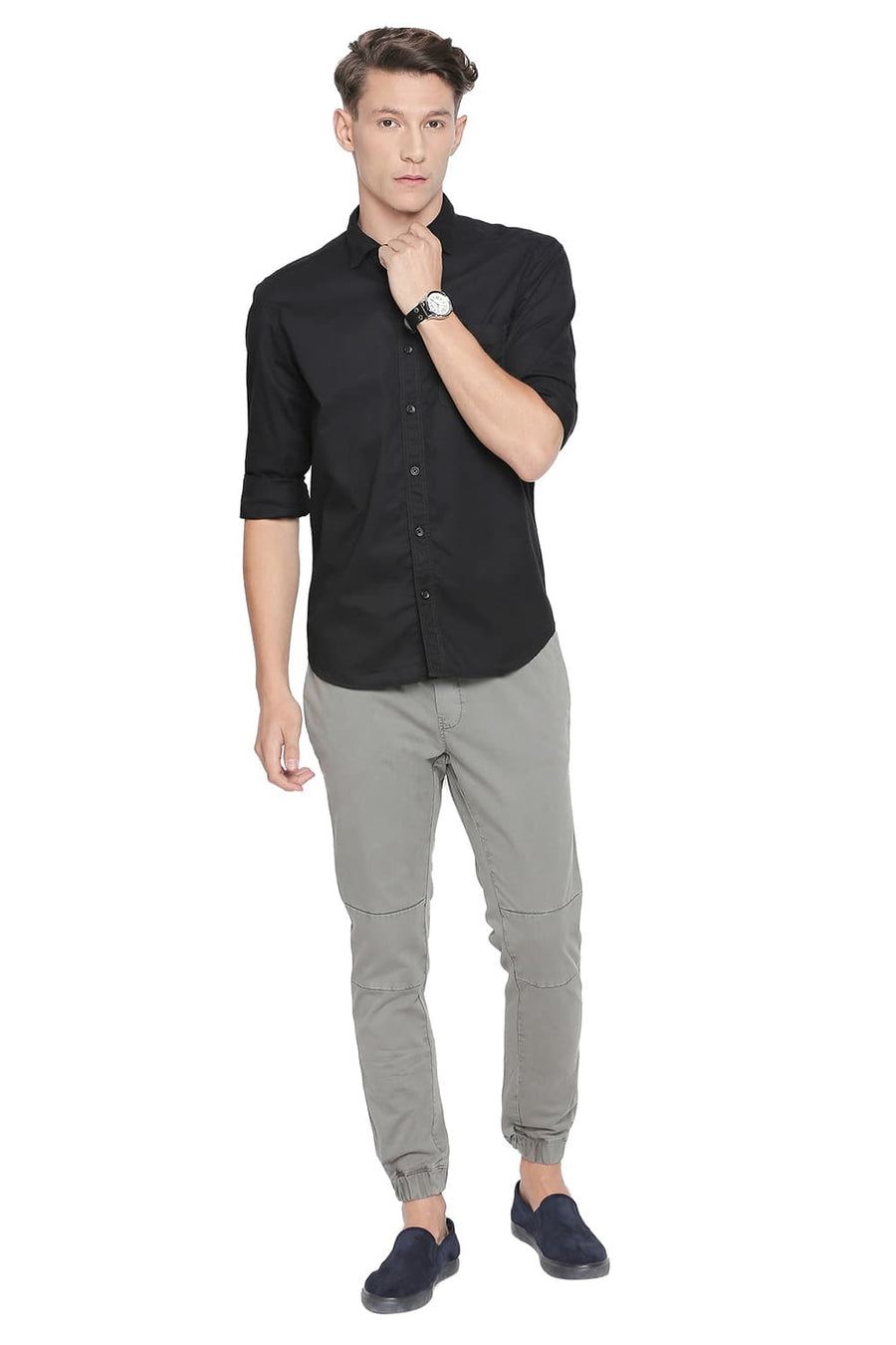 BASICS SLIM FIT DEEP BLACK PEACH TWILL SHIRT