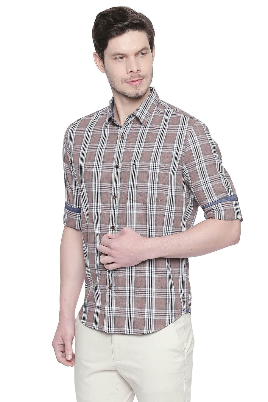 BASICS SLIM FIT CARIBOU BROWN MELANGE CHECKS SHIRT
