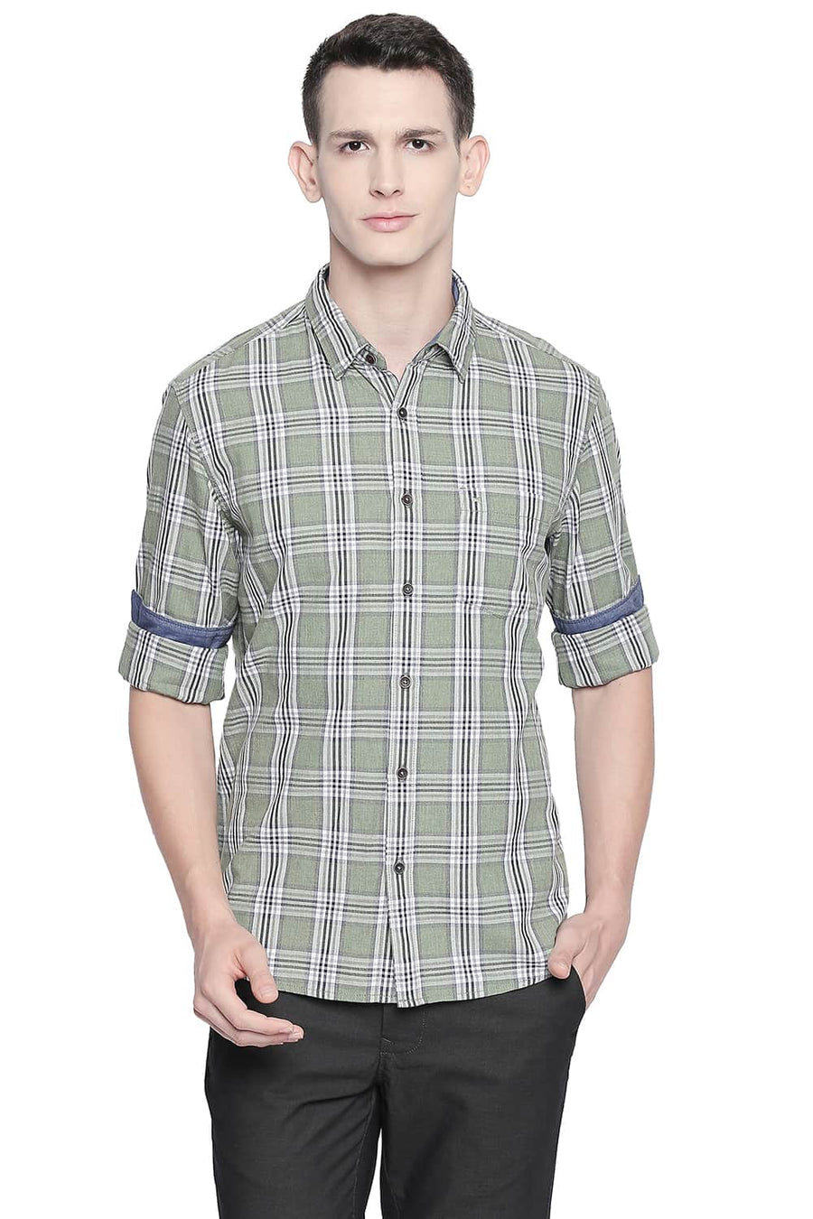 BASICS SLIM FIT MISTLETOE GREEN MELANGE CHECKS SHIRT