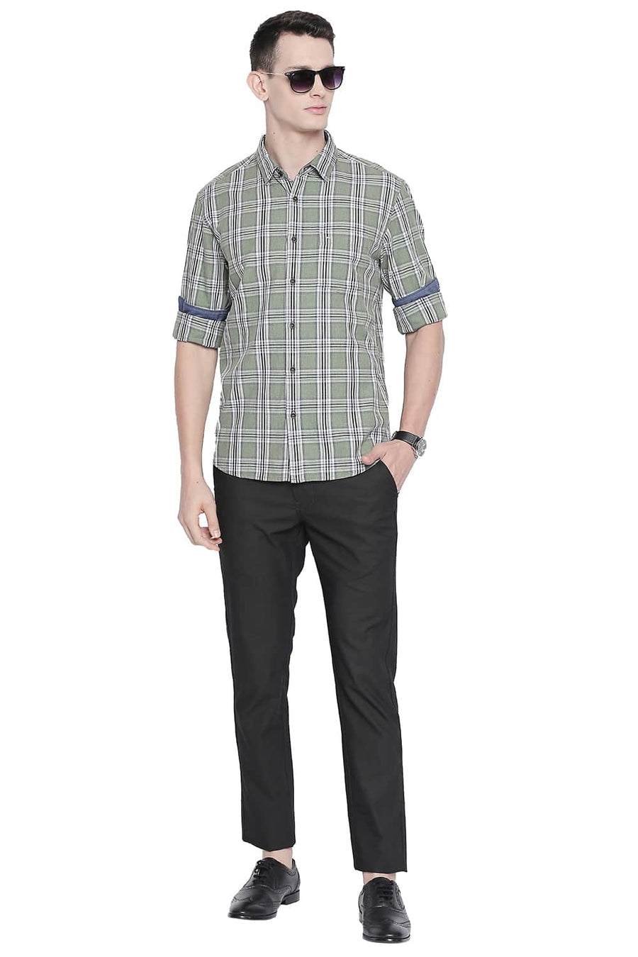 BASICS SLIM FIT MISTLETOE GREEN MELANGE CHECKS SHIRT