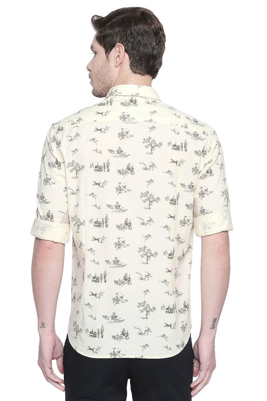 BASICS SLIM FIT PASTEL YELLOW CHAMBRAY PRINTED SHIRT