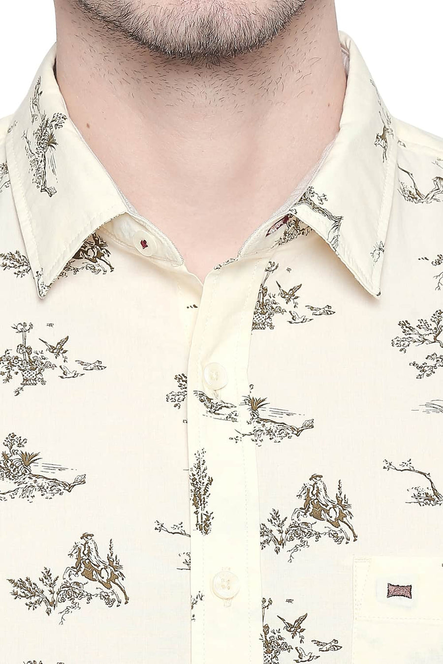 BASICS SLIM FIT PASTEL YELLOW CHAMBRAY PRINTED SHIRT