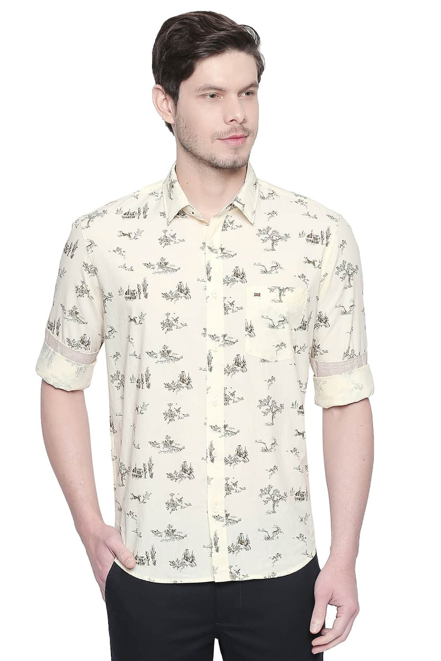 BASICS SLIM FIT PASTEL YELLOW CHAMBRAY PRINTED SHIRT