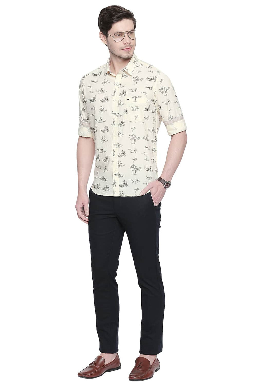 BASICS SLIM FIT PASTEL YELLOW CHAMBRAY PRINTED SHIRT