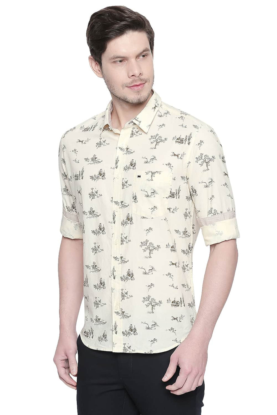 BASICS SLIM FIT PASTEL YELLOW CHAMBRAY PRINTED SHIRT