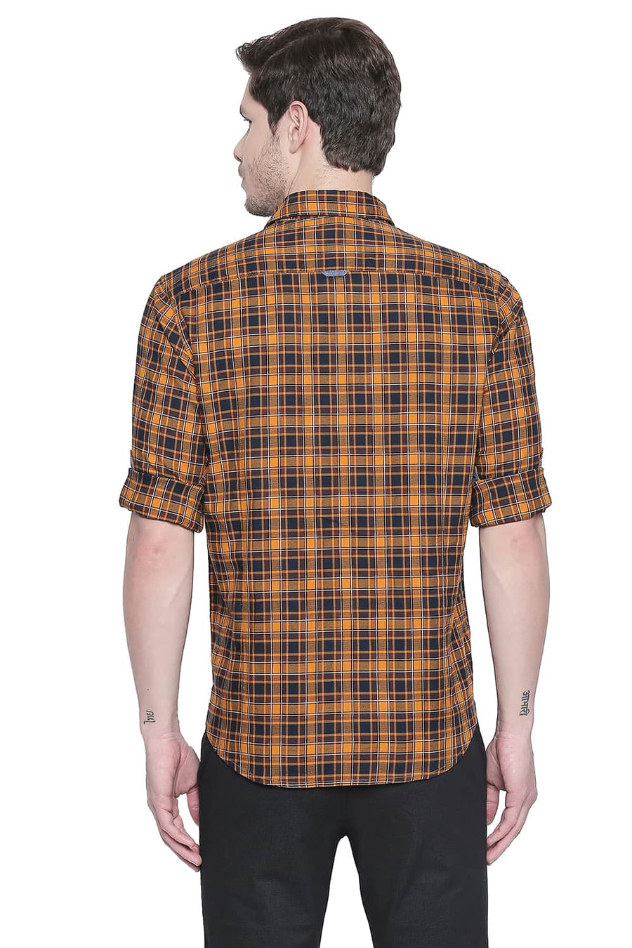 BASICS SLIM FIT CHEDDAR ORANGE DOBBY CHECKS SHIRT